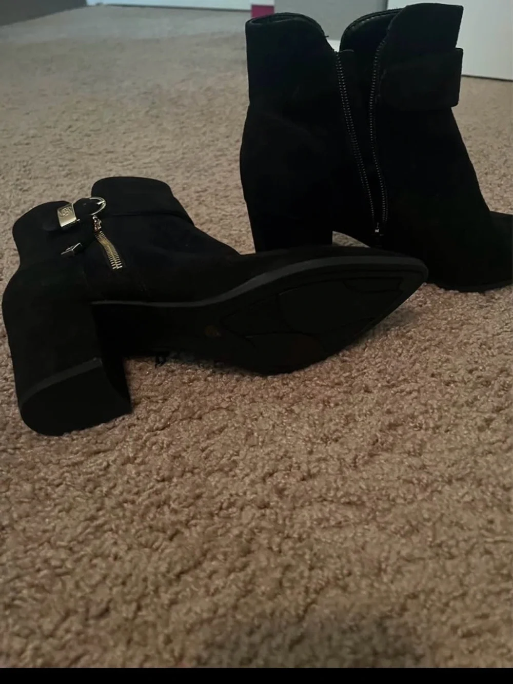 Black Suede Pointed-Toe Ankle Booties with Gold Buckle Accent